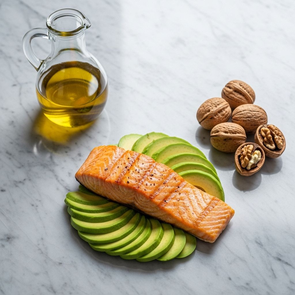 Skär av avokado, olivolja i en glaskaraff, valnötter och laxfilé på en marmorbänk i naturligt ljus — representerar hälsosamma fettkällor